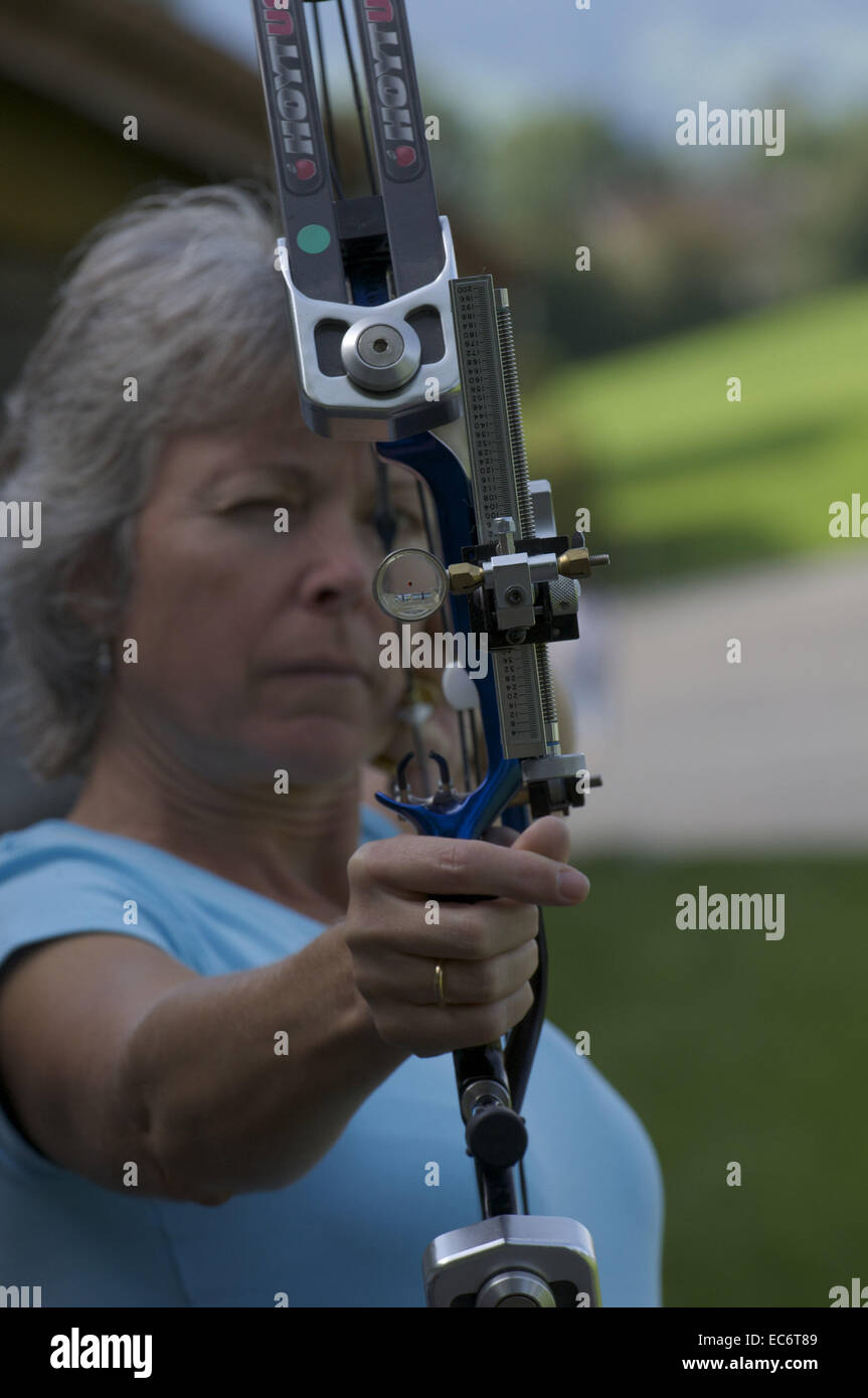 female archer with compound bow Stock Photo Alamy