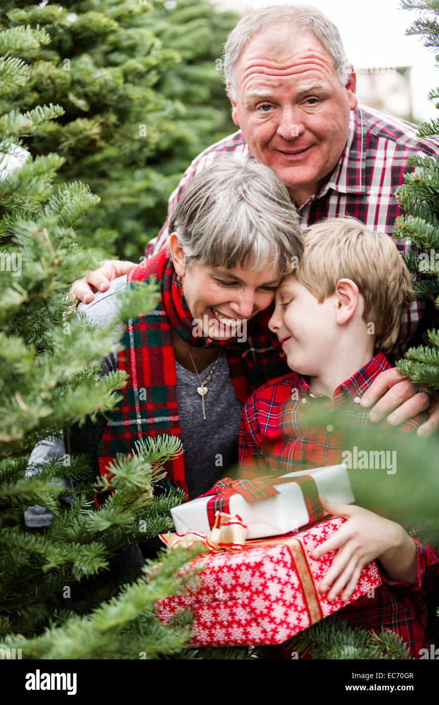 Family selecting a tree for Christmas at the Christmas tree farm Stock Photo Alamy