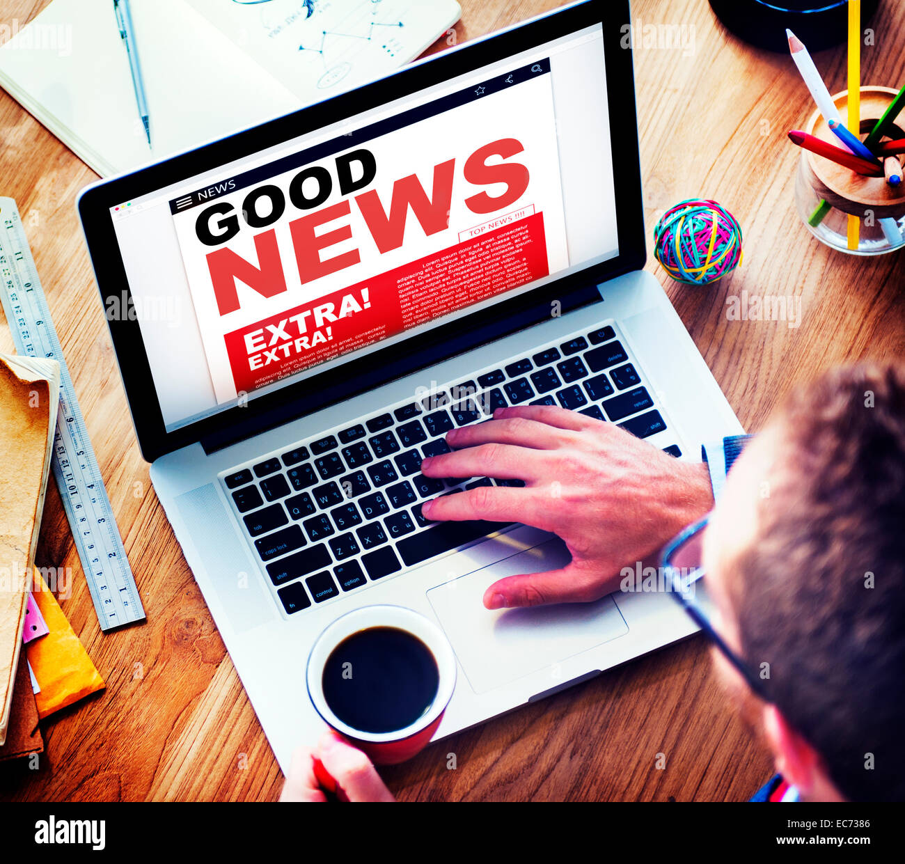 Digital Online Update Good News Concept Stock Photo
