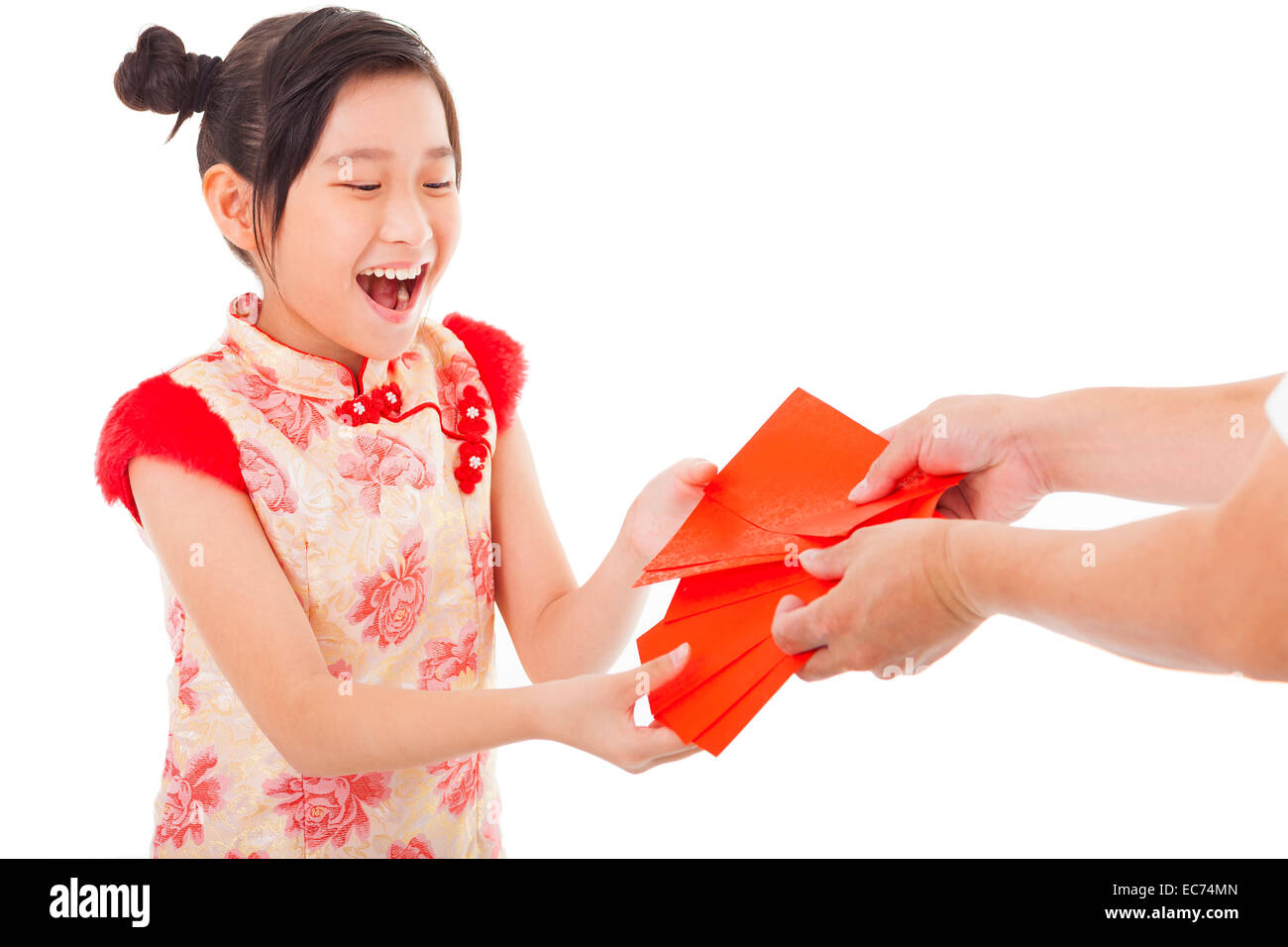 happy asian little girl received red envelope for  chinese new year Stock Photo
