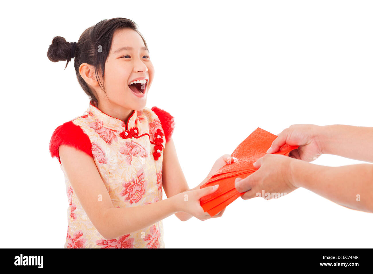 happy asian little girl received red envelope for  chinese new year Stock Photo