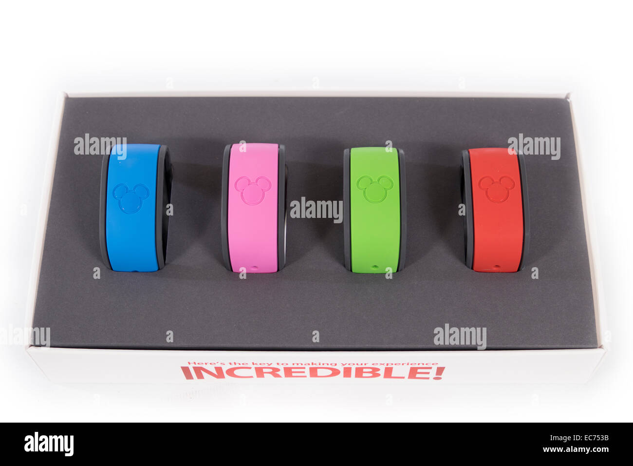 Walt Disney World RFID MagicBand bracelets in 4 colors. Stock Photo