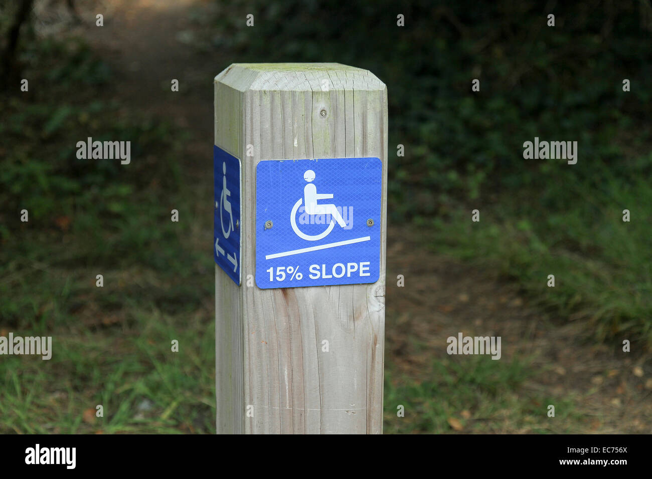 Sign informing wheelchair users of a steep slope, Golden Gate Park, San Francisco, California Stock Photo