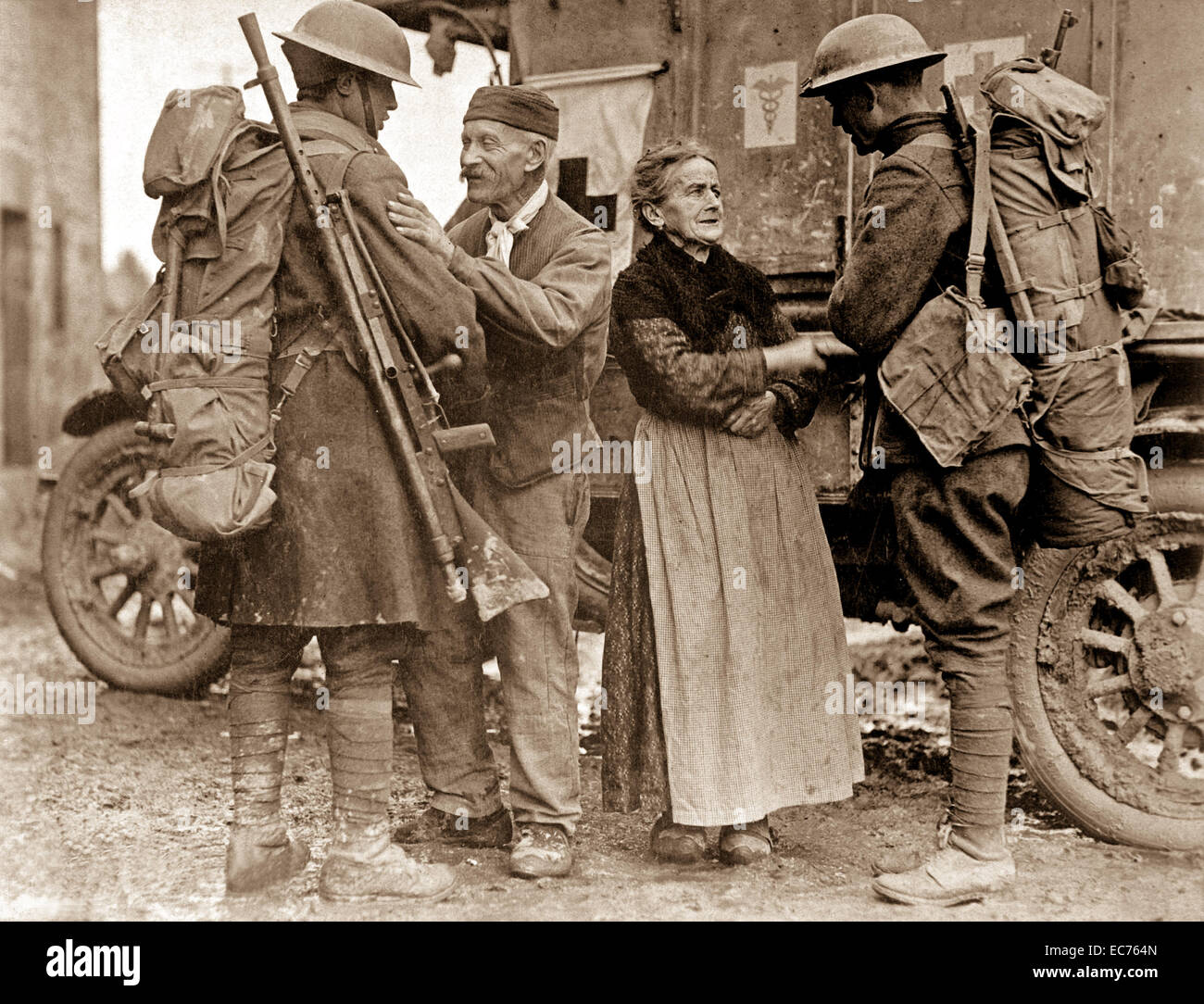 An Old French Couple M And Mme Baloux Of Brieulles Sur Bar France Under German Occupation For Four Years Greeting Soldiers Of The 308th And 166th Infantries Upon Their Arrival During The American Advance