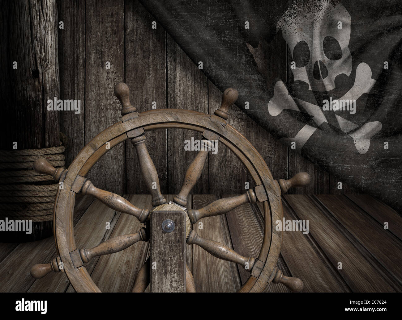 Pirates ship steering wheel with old jolly roger flag Stock Photo
