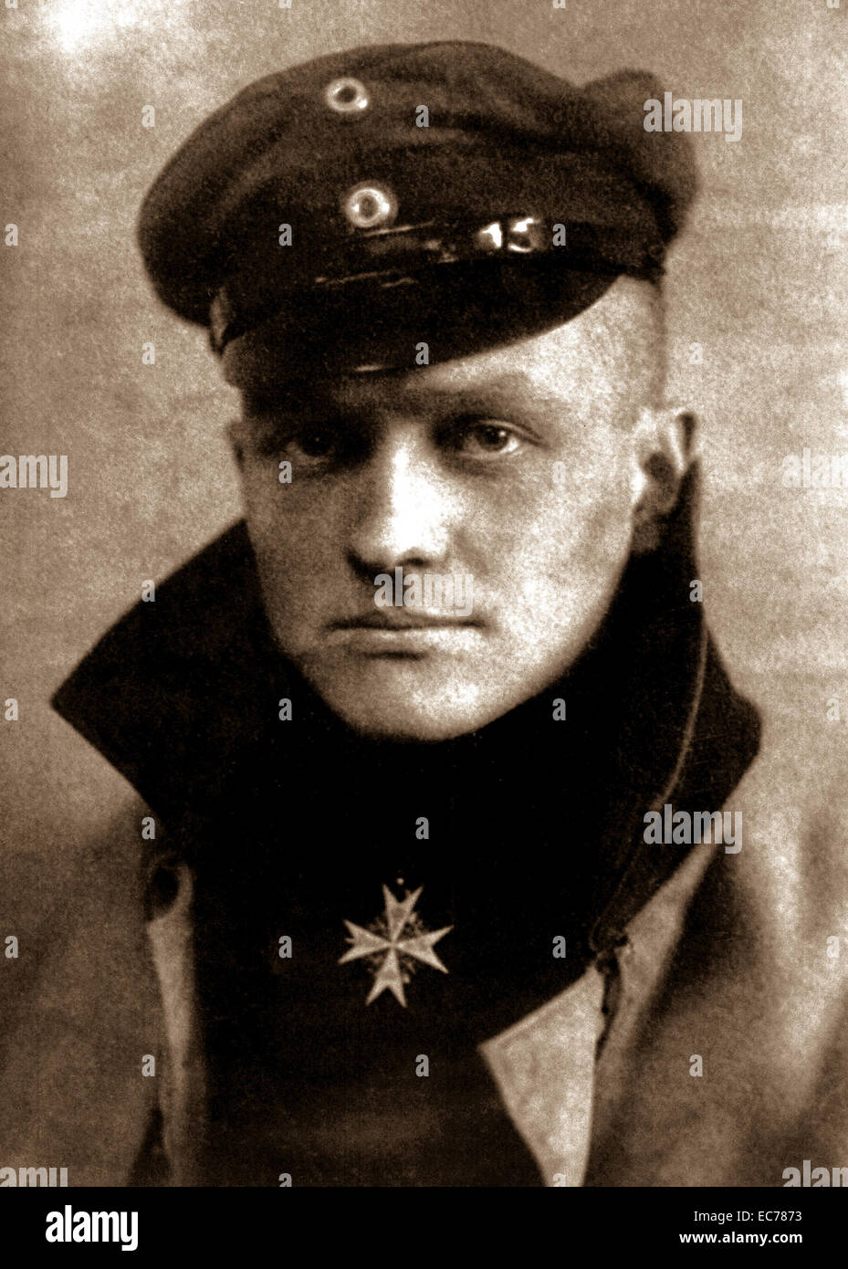 The Red Baron. Freiherr Rittmeister von Richtofen.  Baron Captain Manfred von Richtofen, ca.  1917.  Manfred Albrecht Freiherr von Richthofen (2 May 1892 – 21 April 1918), also widely known as the Red Baron, was a German fighter pilot with the Imperial German Army Air Service (Luftstreitkräfte) during World War I. He is considered the top ace of the war, being officially credited with 80 air combat victories. Stock Photo