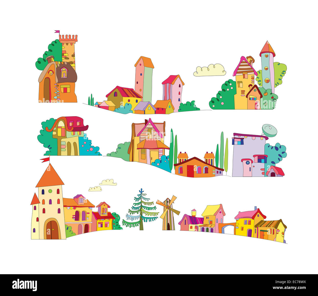 set of colored cartoon houses painted by hand Stock Photo