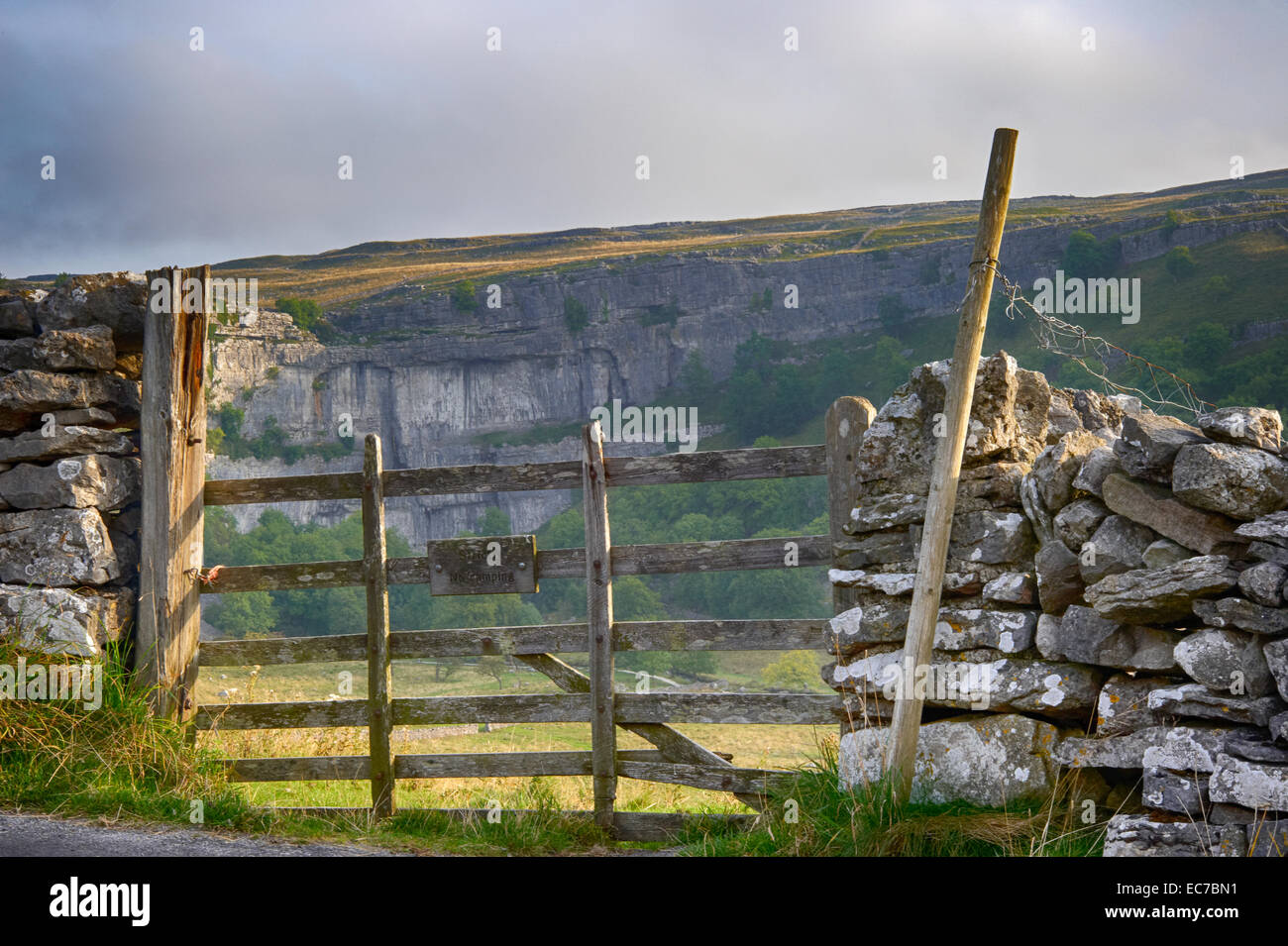 Gateway into National Trust property overlooking Malham Cove in North Yorkshire, England Stock Photo