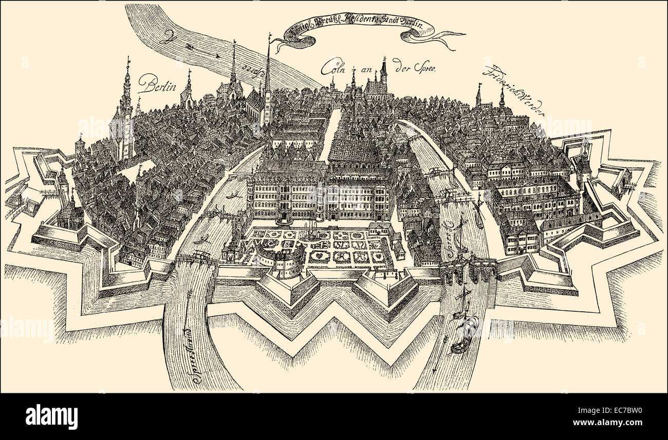 Panorama of Berlin, 17th century, Germany, Europe Stock