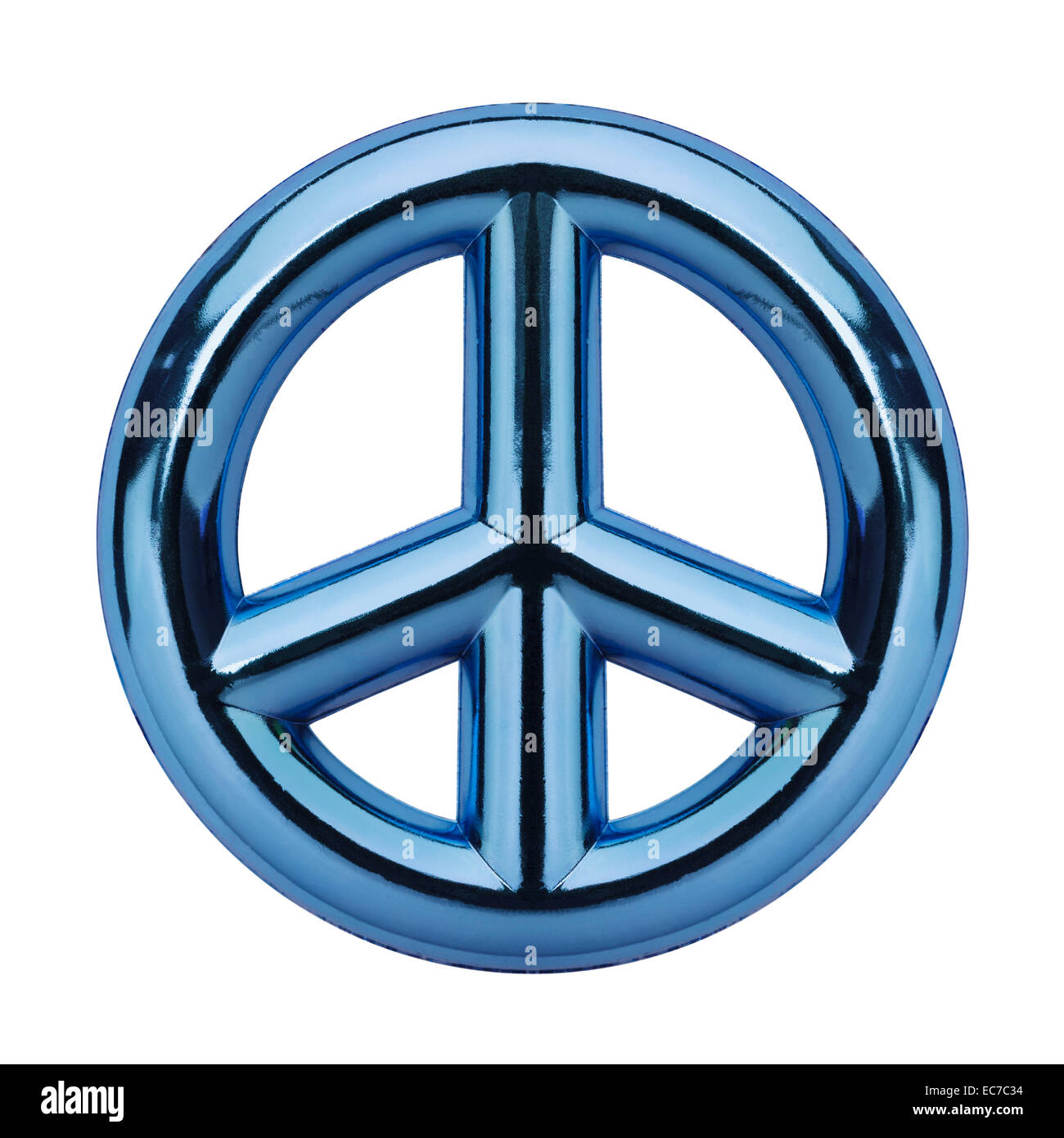 Metallic Blue Peace Symbol Isolated on White Background. Stock Photo
