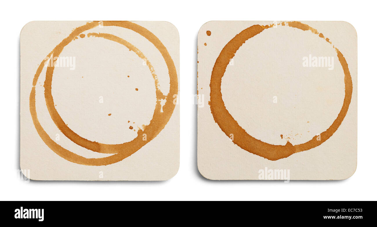 Two Drink Coasters with Coffee Stains Isolated on White Background. Stock Photo