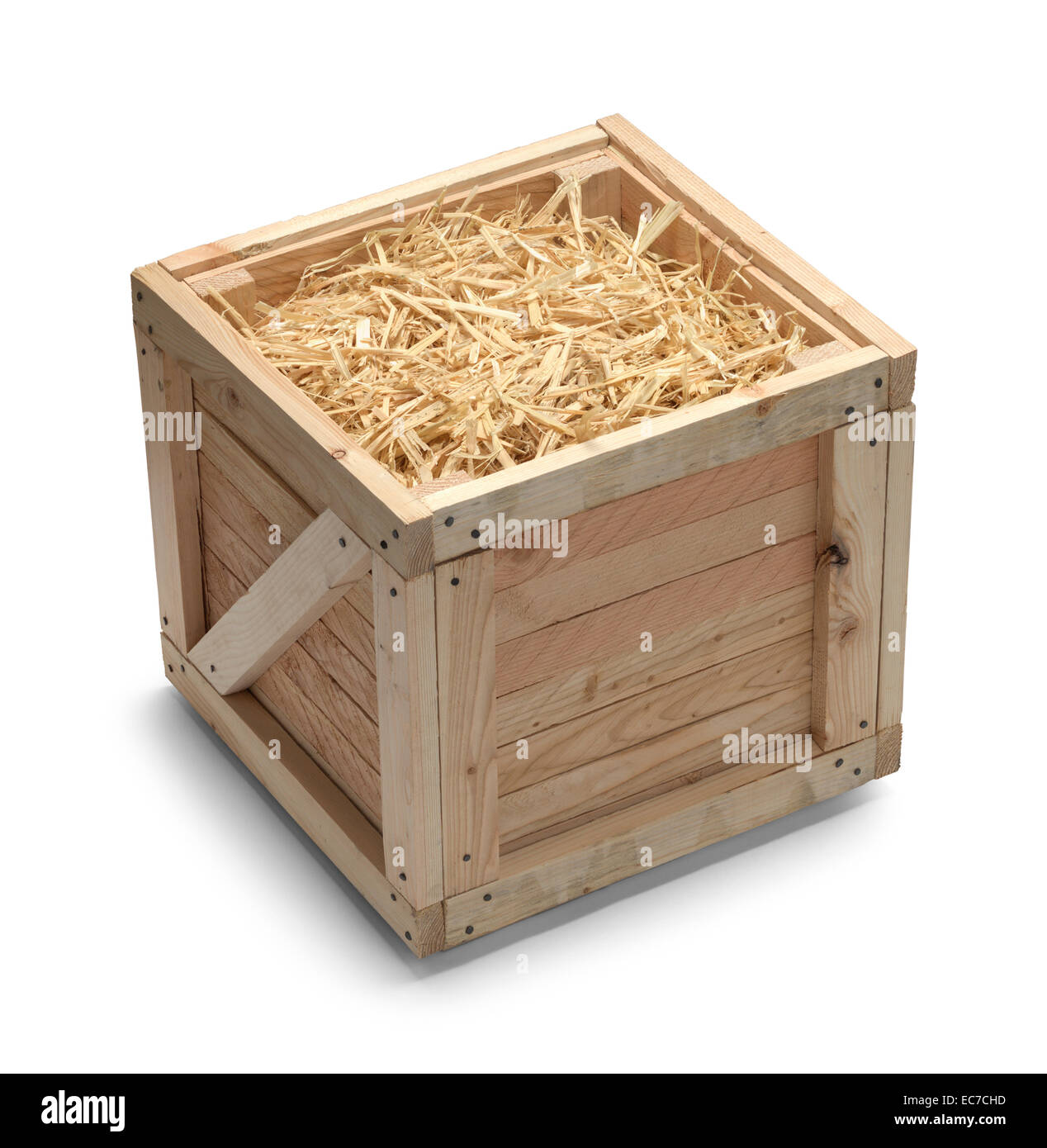 Open Shipping Crate with Straw Isolated on White Background. Stock Photo