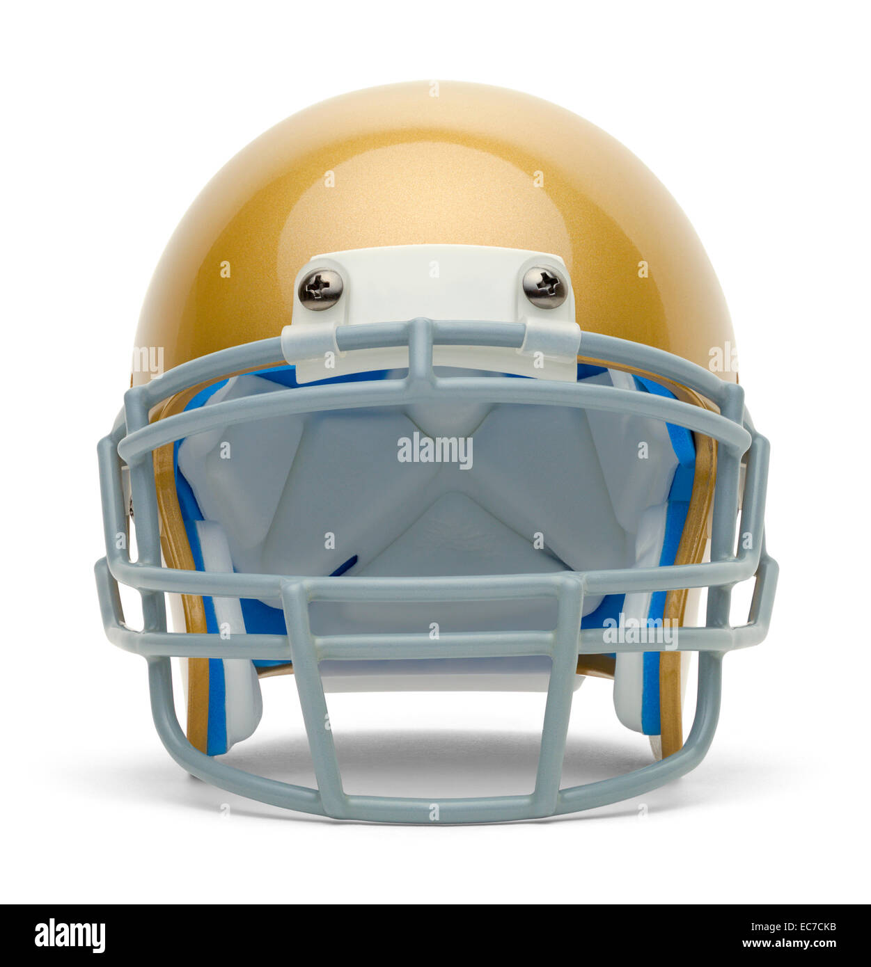 Gold Football Helmet Front View with Copy Space Isolated on White Background. Stock Photo