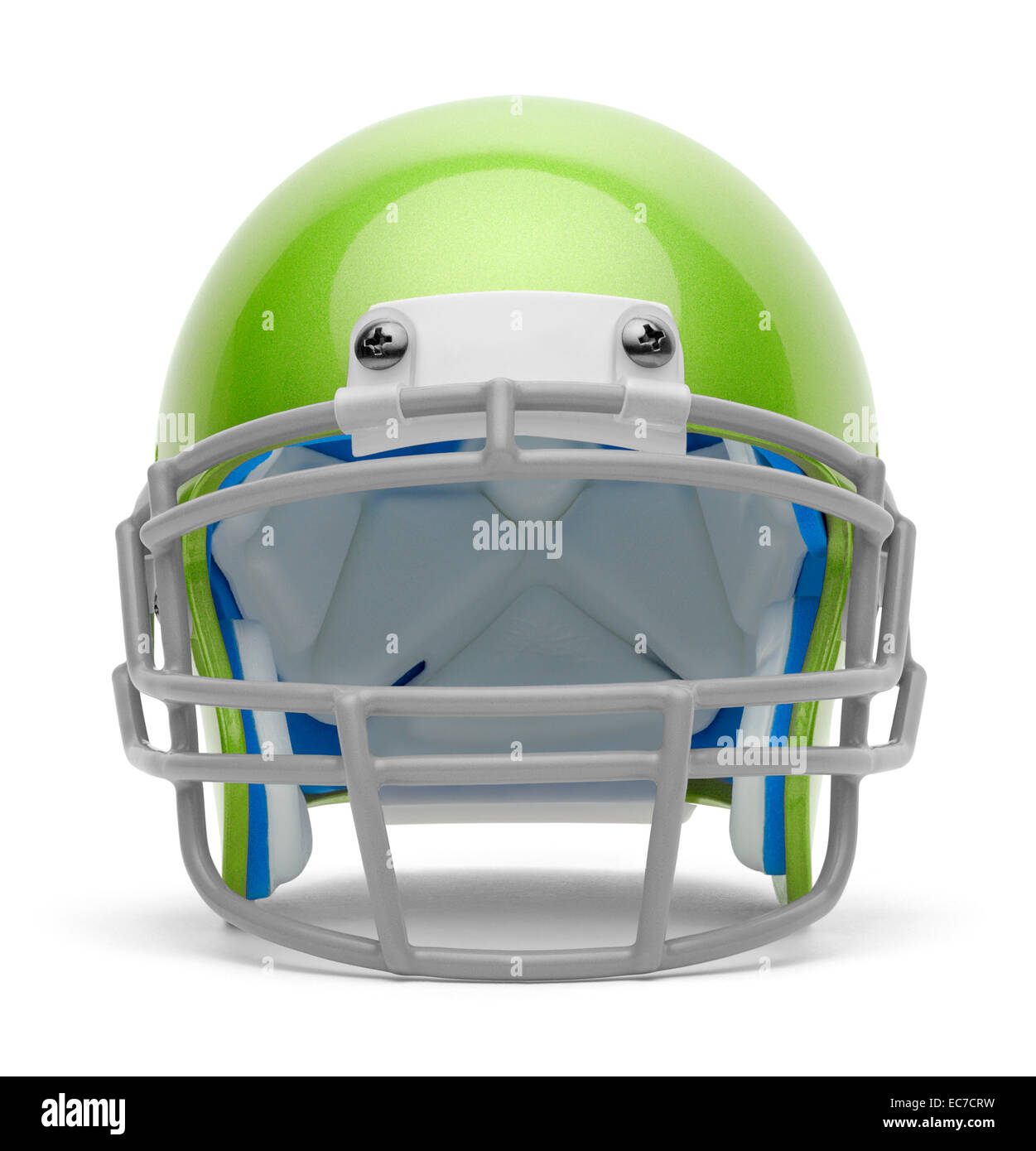 Green Football Helmet Front View with Copy Space Isolated on White Background. Stock Photo