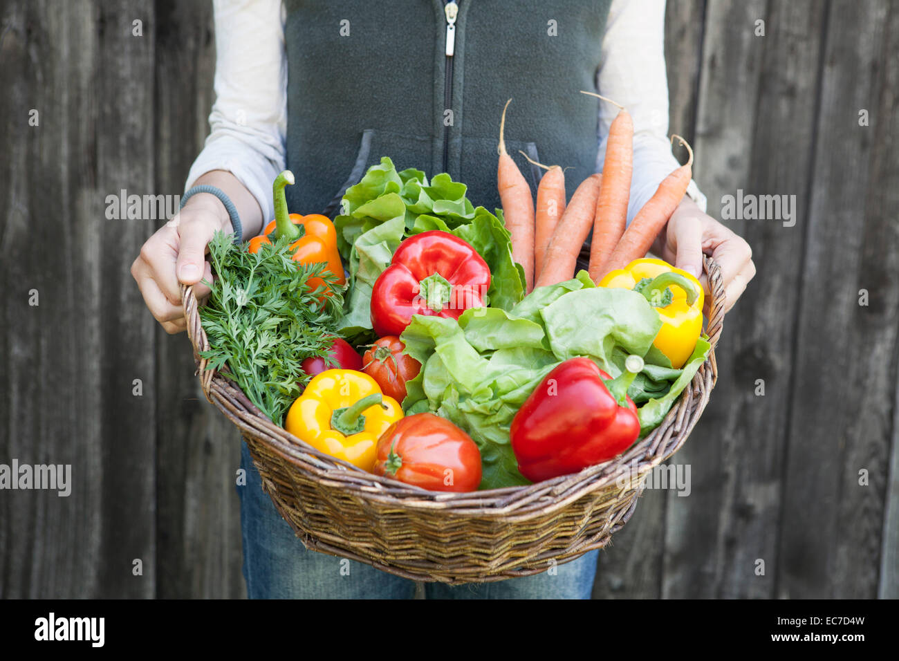 Woman holding basket with vegetables Stock Photo - Alamy