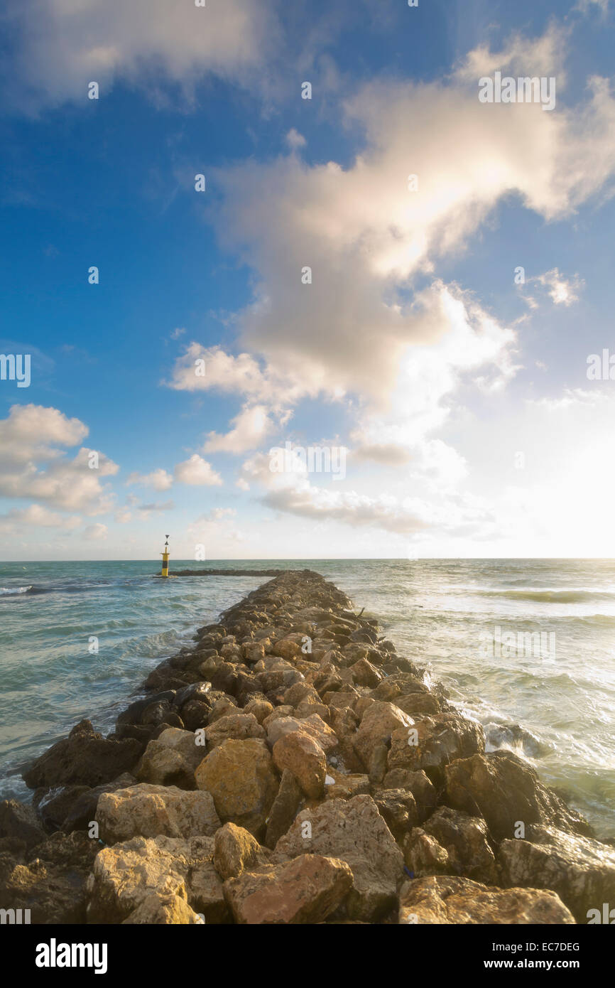 Spain, Baleares, Mallorca, view to horizon with breakwater at the foreground Stock Photo