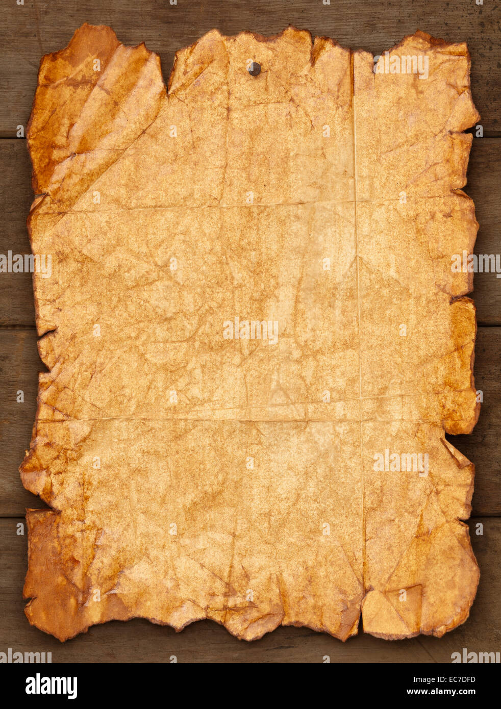 Worn and Ripped Paper Tacked on Wood Background with Copy Space. Stock Photo