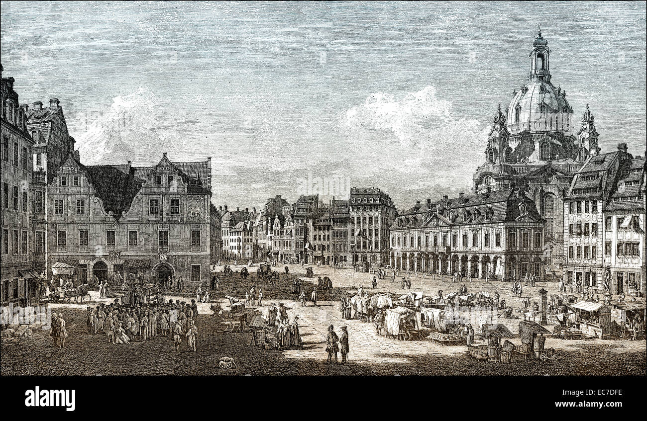 Church of Our Lady, Frauenkirche and Neumarkt square, Historical cityscape of Dresden, 18th century, Saxony, Germany, Europe, Fr Stock Photo