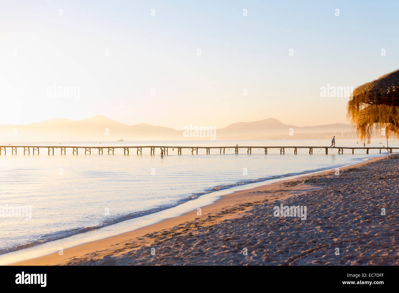 Spain, Balearic Islands, Majorca, wooden footbridge at sunrise Stock Photo