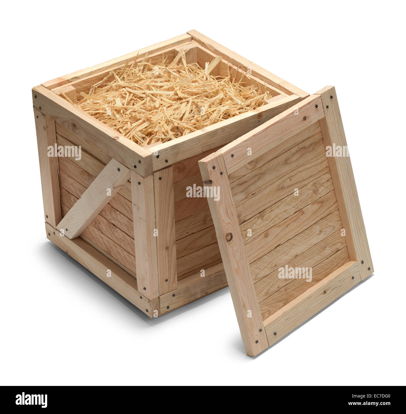 Open Crate with Straw Isolated on White Background. Stock Photo