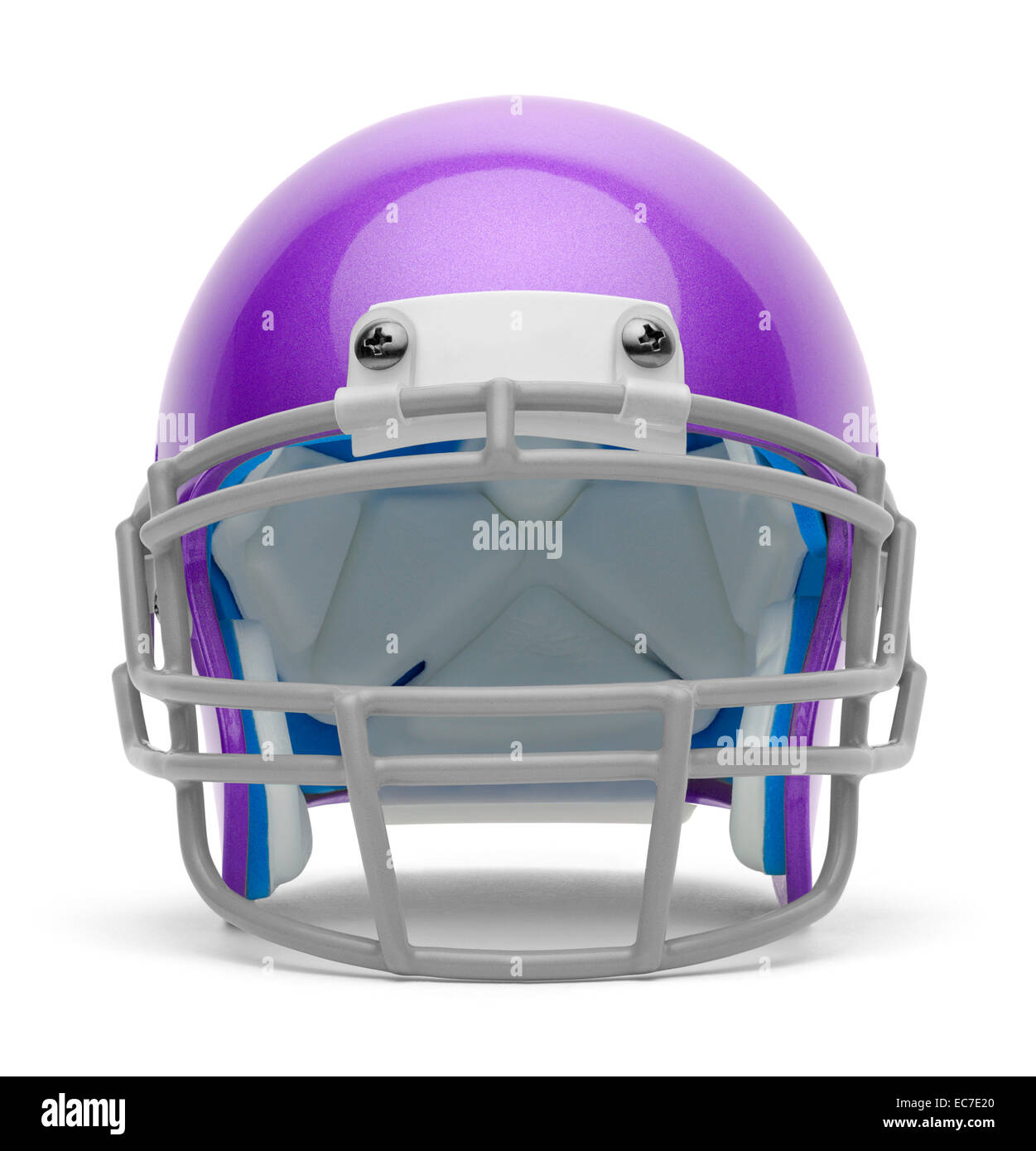 Purple Football Helmet Front View with Copy Space Isolated on White Background. Stock Photo