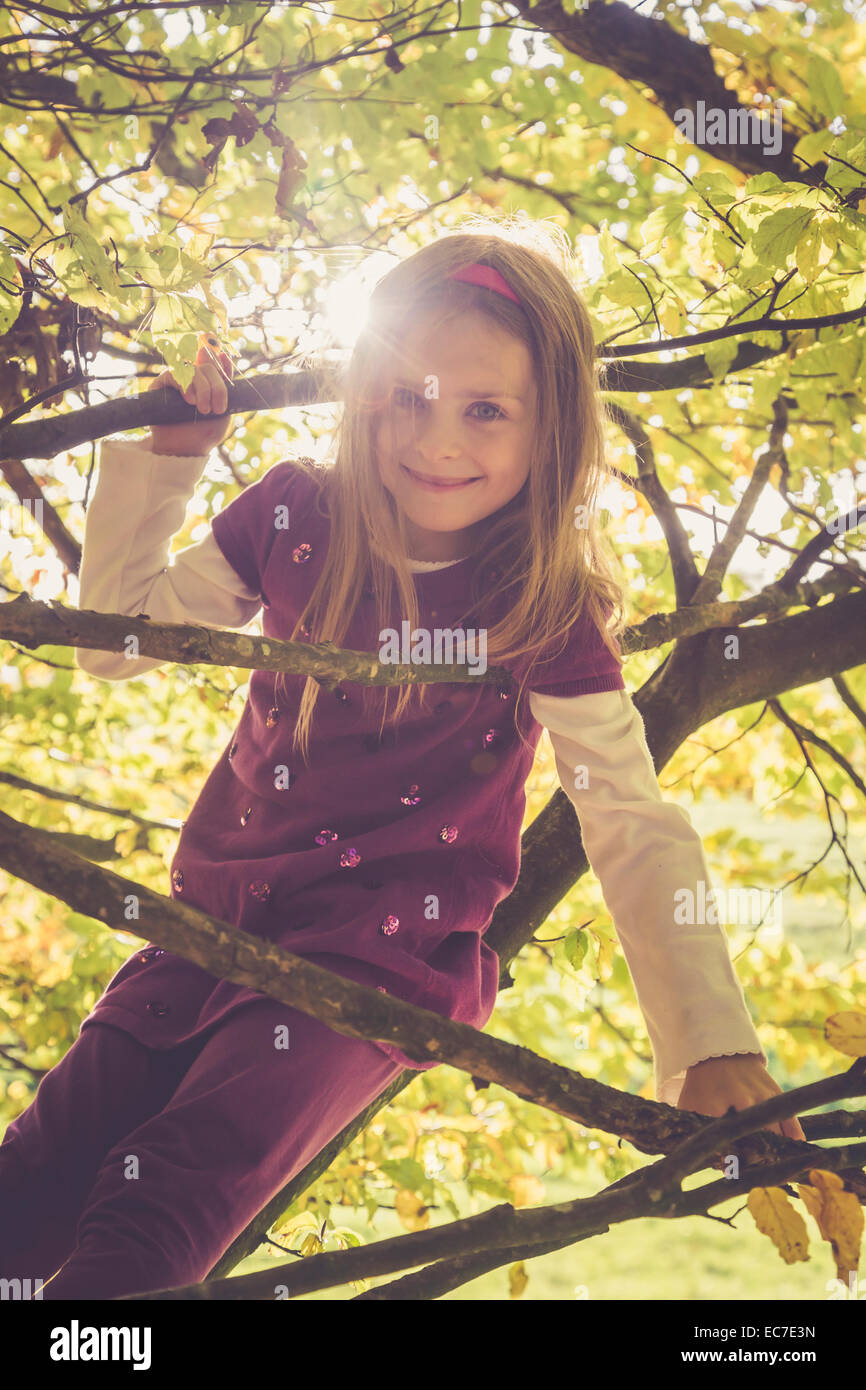 Portrait of smiling little girl climbing in an autumnal tree Stock ...