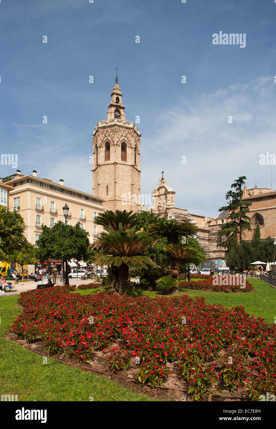 Spain, Valencia, Plaza de la Reina, bell tower Miguelete and Puerta de los Hierros Stock Photo