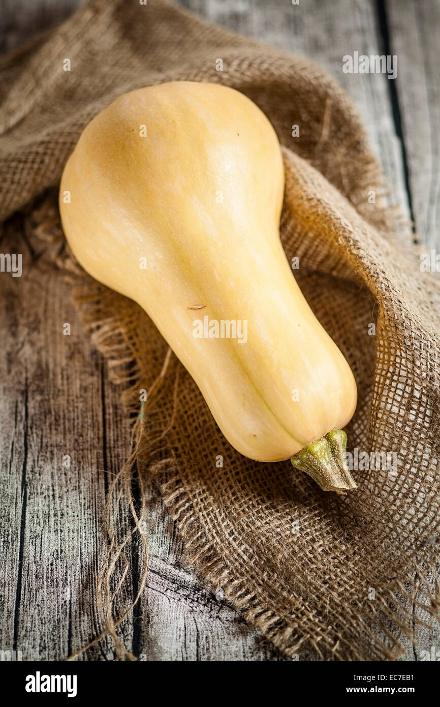 Butternut squash, Cucurbita moschata, on burlap Stock Photo