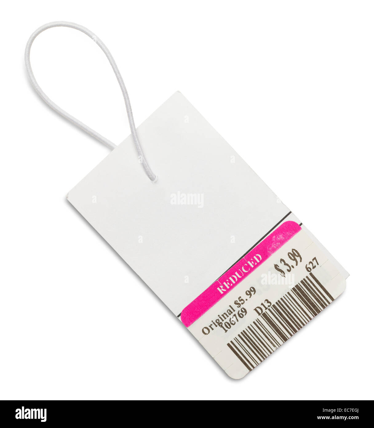 White Sales Tag With Reduced Sticker Isolated on White Background. Stock Photo