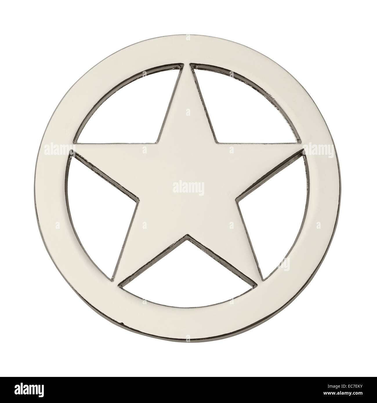 Round Silver Star Badge Isolated on White Background. Stock Photo