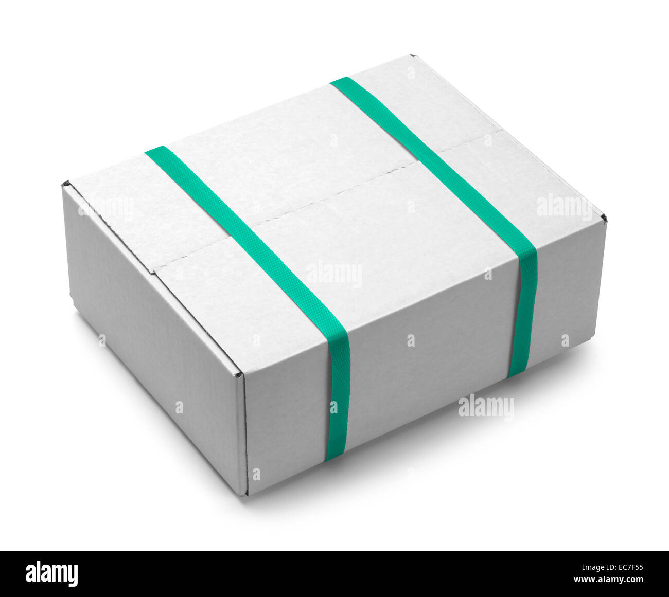 White Cardboard Shipping Box With Green Plastic Straps Isolated on
