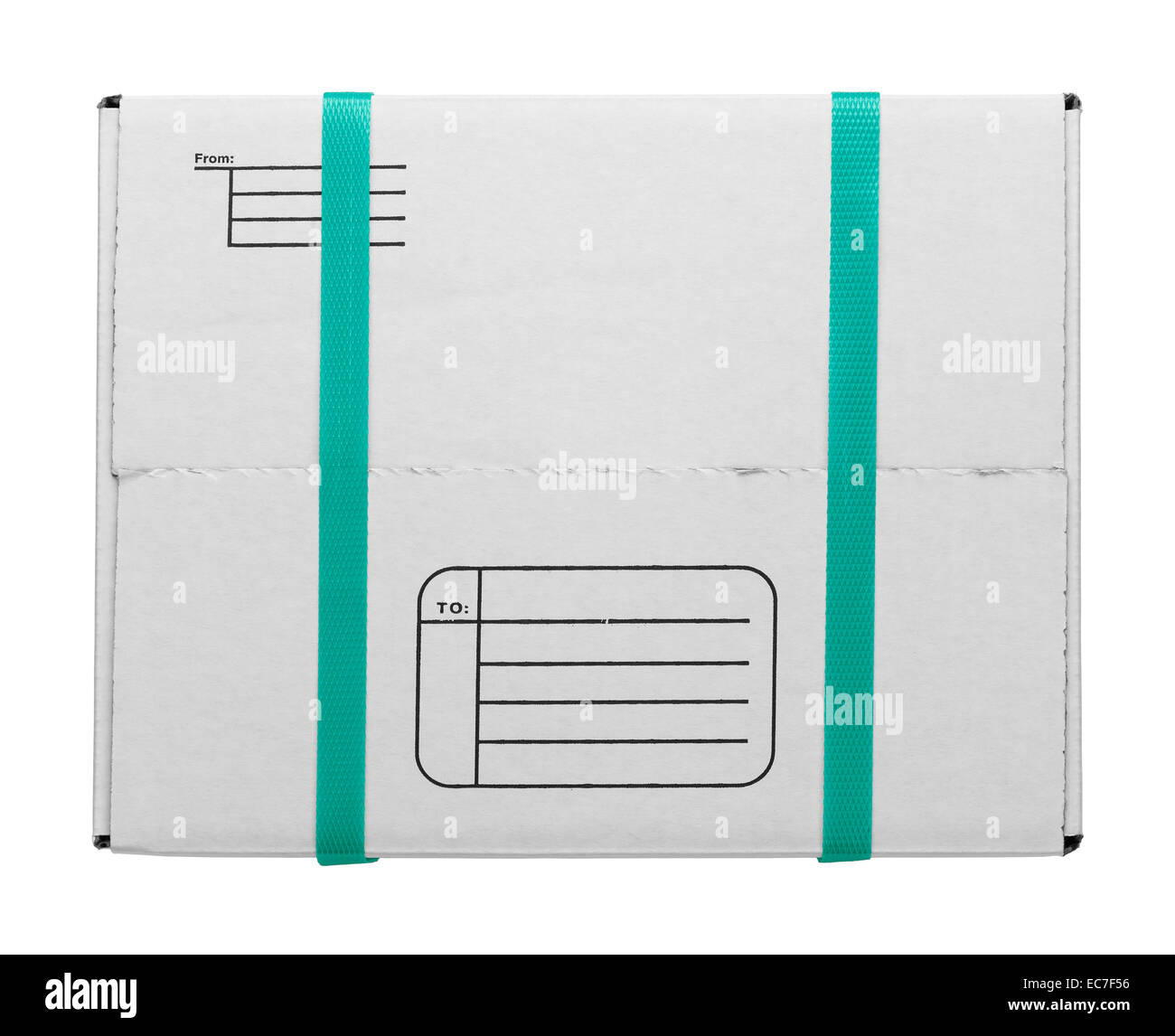 White Cardboard Shipping Box With Green Plastic Straps Isolated on