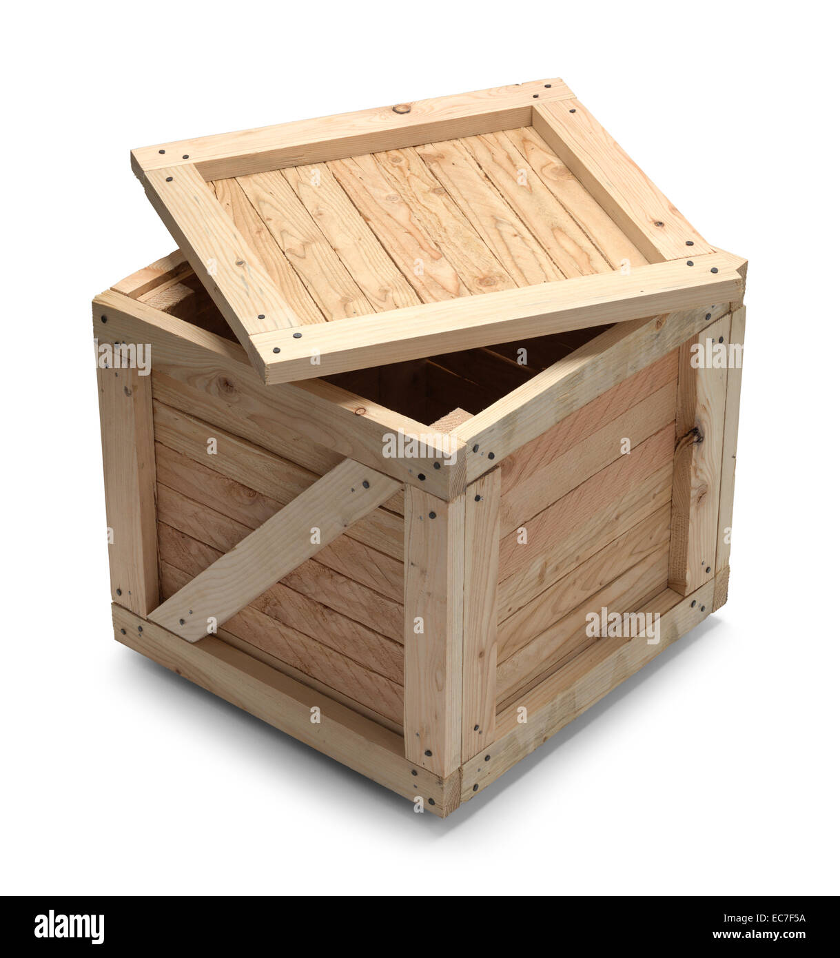 Wooden Crate With Lid Open Isolated on White Background. Stock Photo