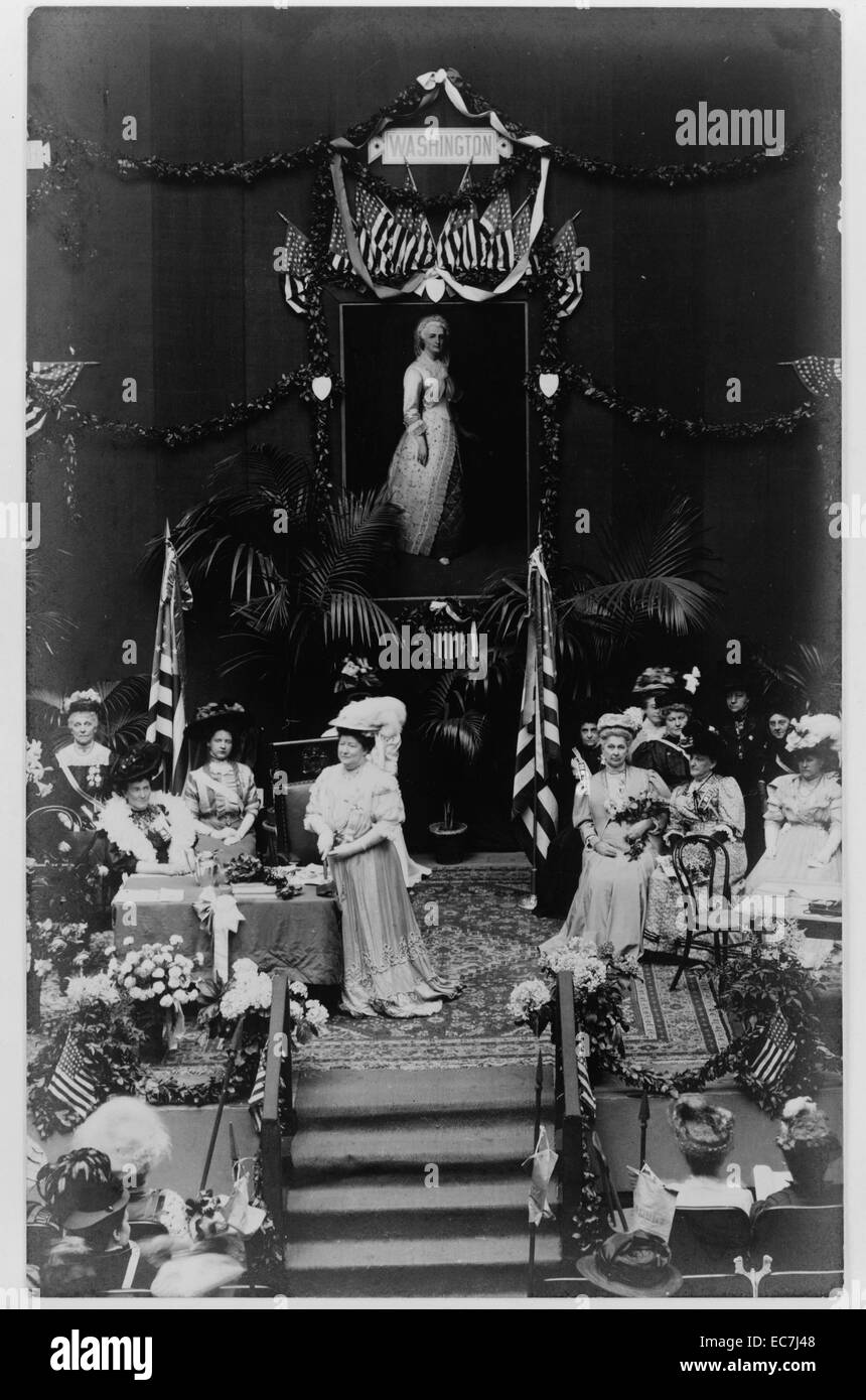 Group of women on stage at the Daughters of the American Revolution convention held in Washington, D.C. The organization is for women who are direct descendants of those involved in the United States' independence. Stock Photo