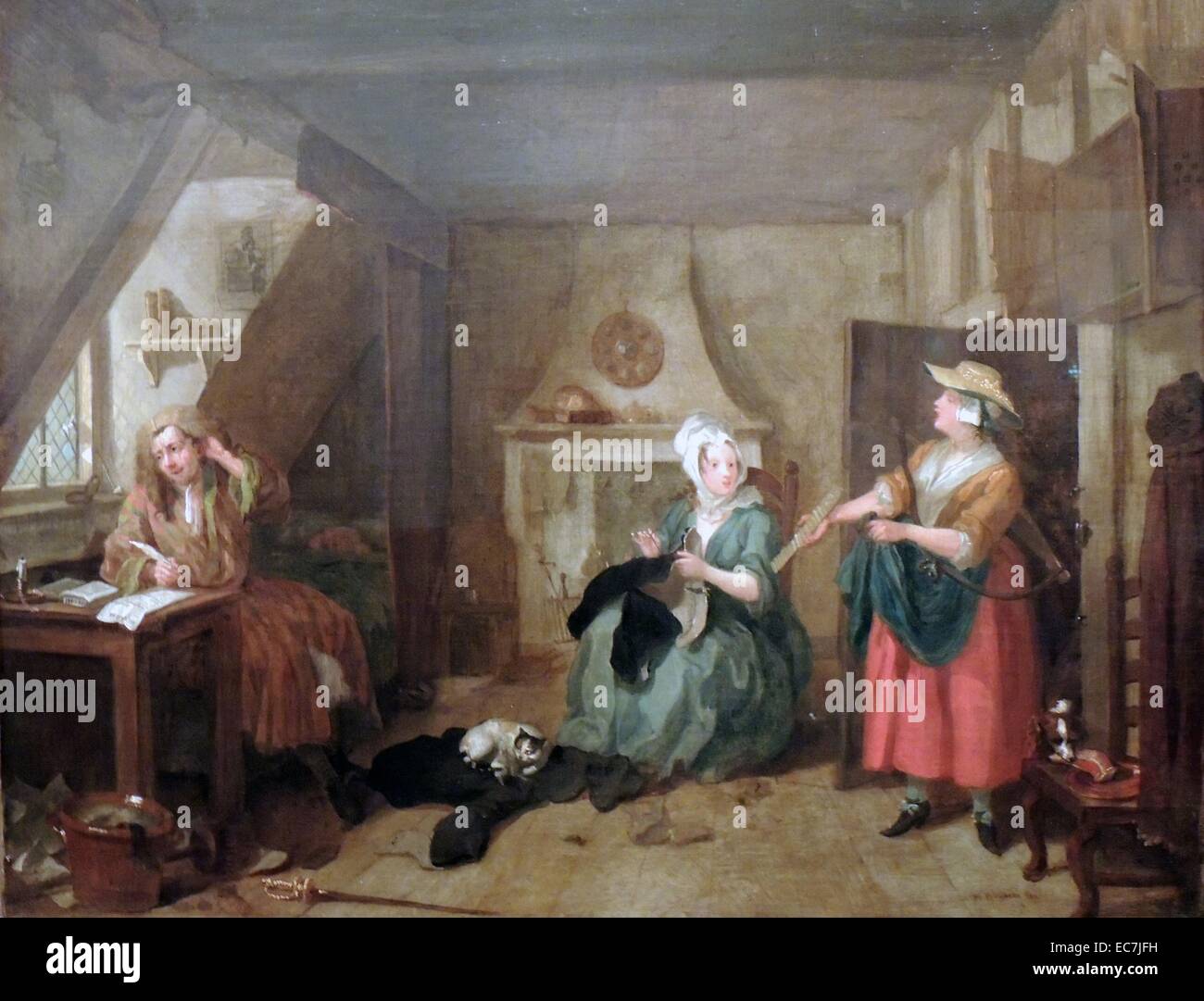 The Distressed Poet by William Hogarth (1697-1764).  Oil paint on canvass.  Hogarth's father was imprisoned for bankruptcy when William was 10.  William was an English painter, printmaker, pictorial satirist, social critic and editorial cartoonist who has been credited with pioneering Western sequential art. Dated 1750 Stock Photo