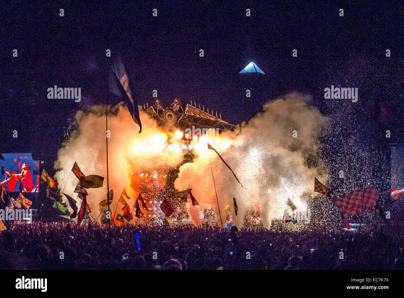 Arcade Fire performing on The Pyramid Stage at The Glastonbury Festival in Somerset, England. Stock Photo