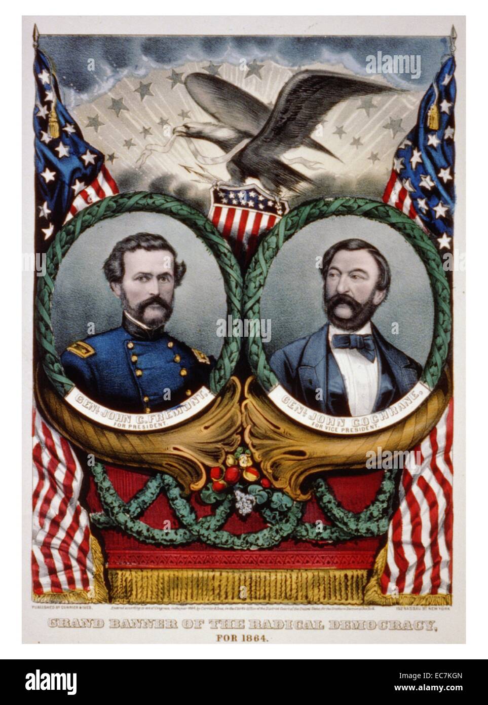 Grand banner of the radical democracy. A campaign banner for presidential nominee John C. Fremont and his running mate John Cochrane. Fremont and Cochrane were the candidates of a faction of radical Democrats that consisted mostly of Germans and abolitionists. Fremont was the first candidate of the anti-slavery Republican Party for the office of President of the United States. Stock Photo