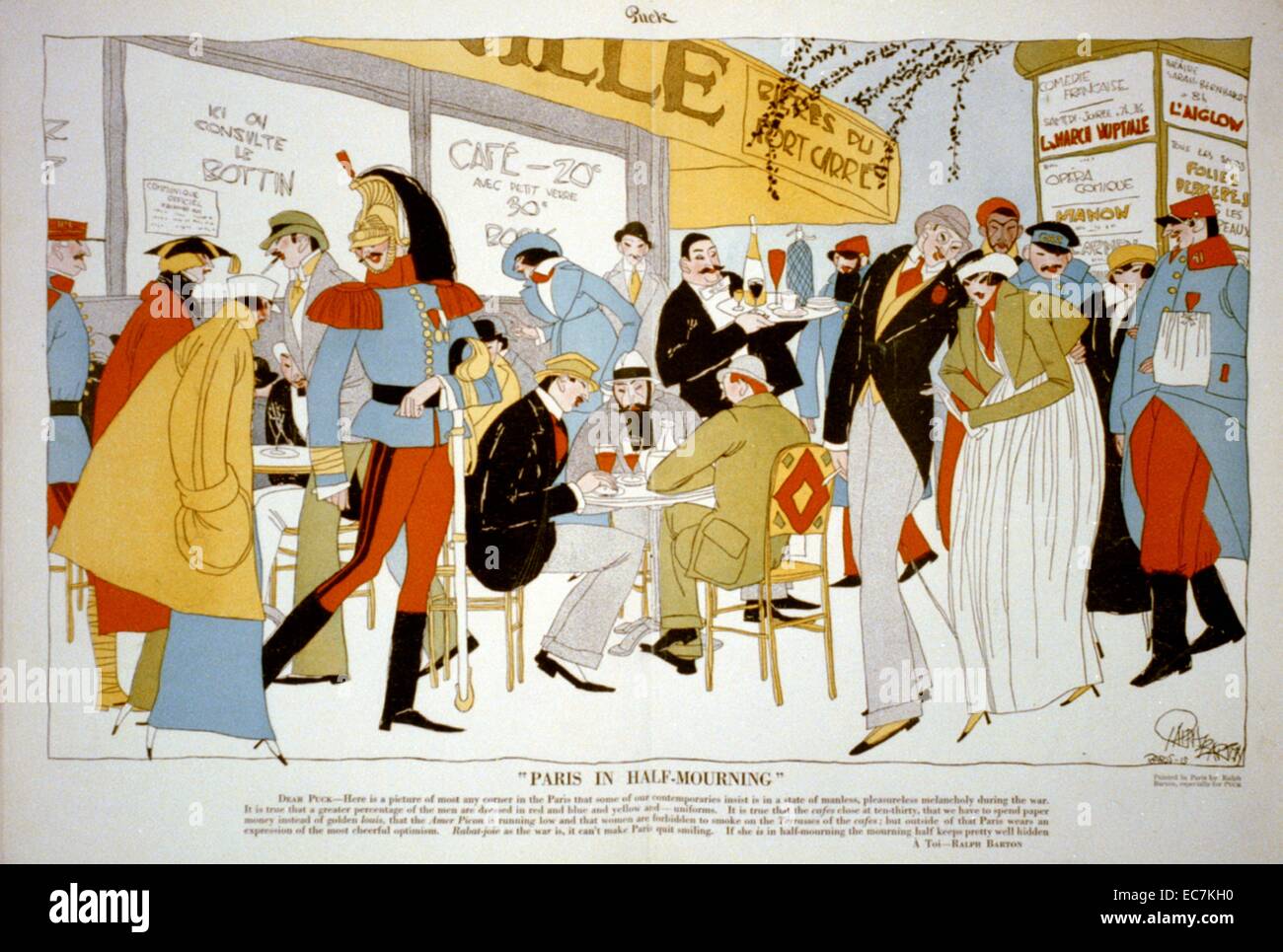 Paris in half-mourning. Caricature of fashionably dressed soldiers and other fashionably dressed people at an outdoor cafe in Paris during World War I. The caption underneath the image explains that although the effects of the war can be felt throughout Paris they are not enough to cause the Parisians to stop smiling. Stock Photo