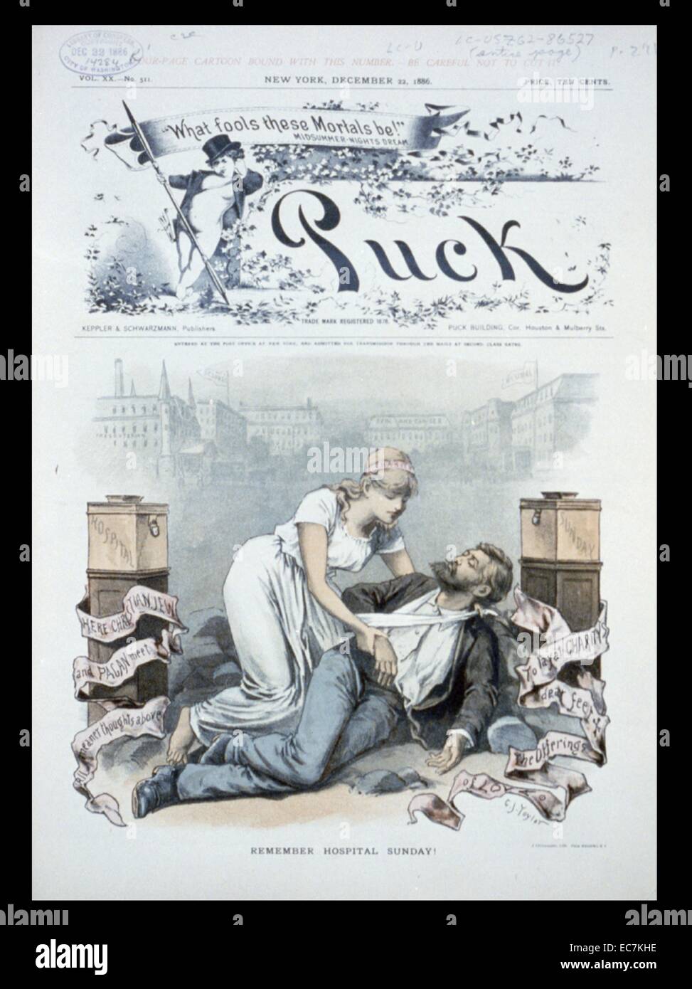Remember Hospital Sunday! A woman representing Charity helping a man lying on the ground with his arm in a sling. In the background are the St. Luke's and Mt. Sinai Hospital. Stock Photo