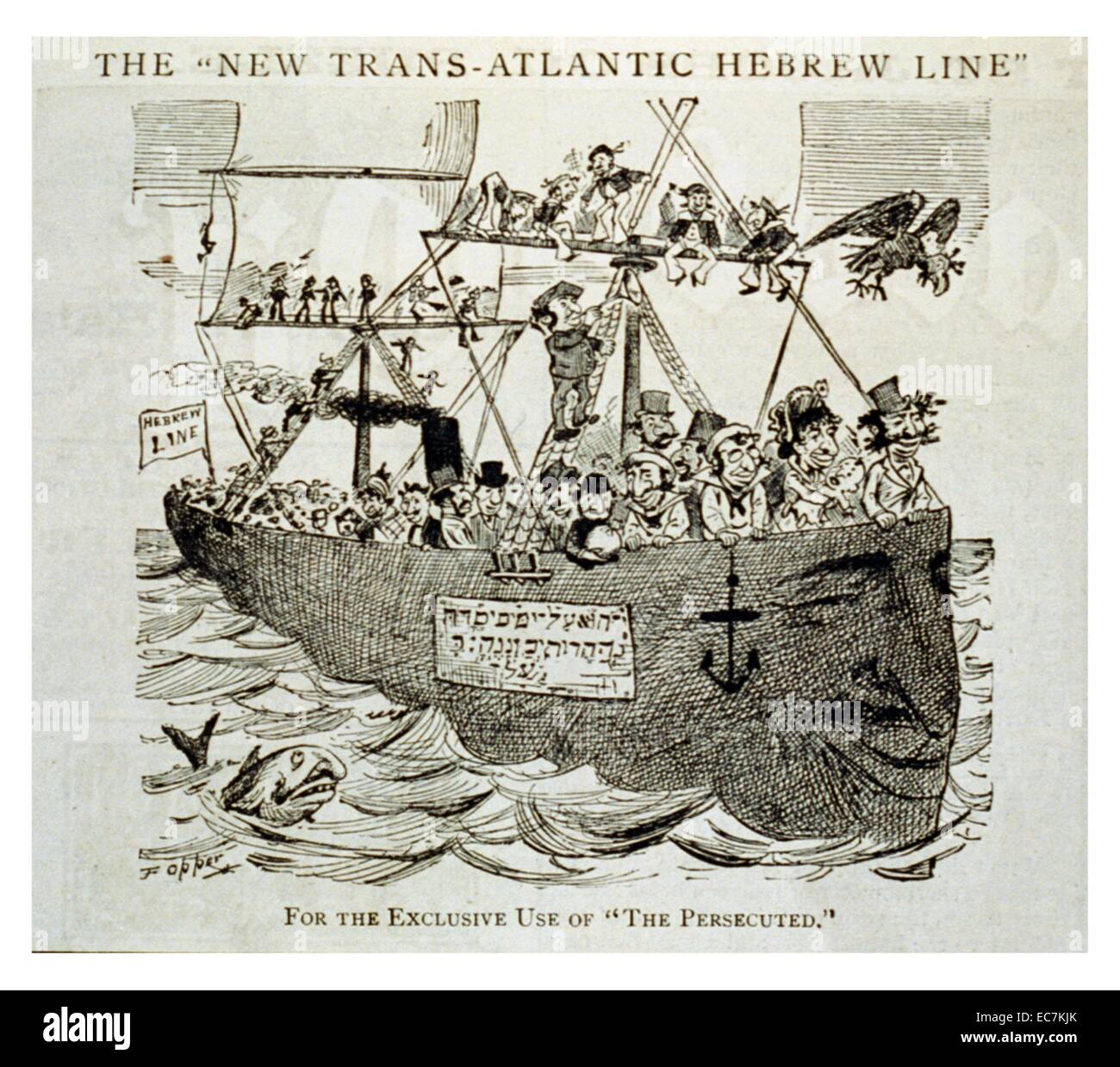 The 'New Trans-Atlantic Hebrew Line' - for the exclusive use of 'The Persecuted'. A caricature showing a crowded ship carrying Jewish immigrants. Stock Photo