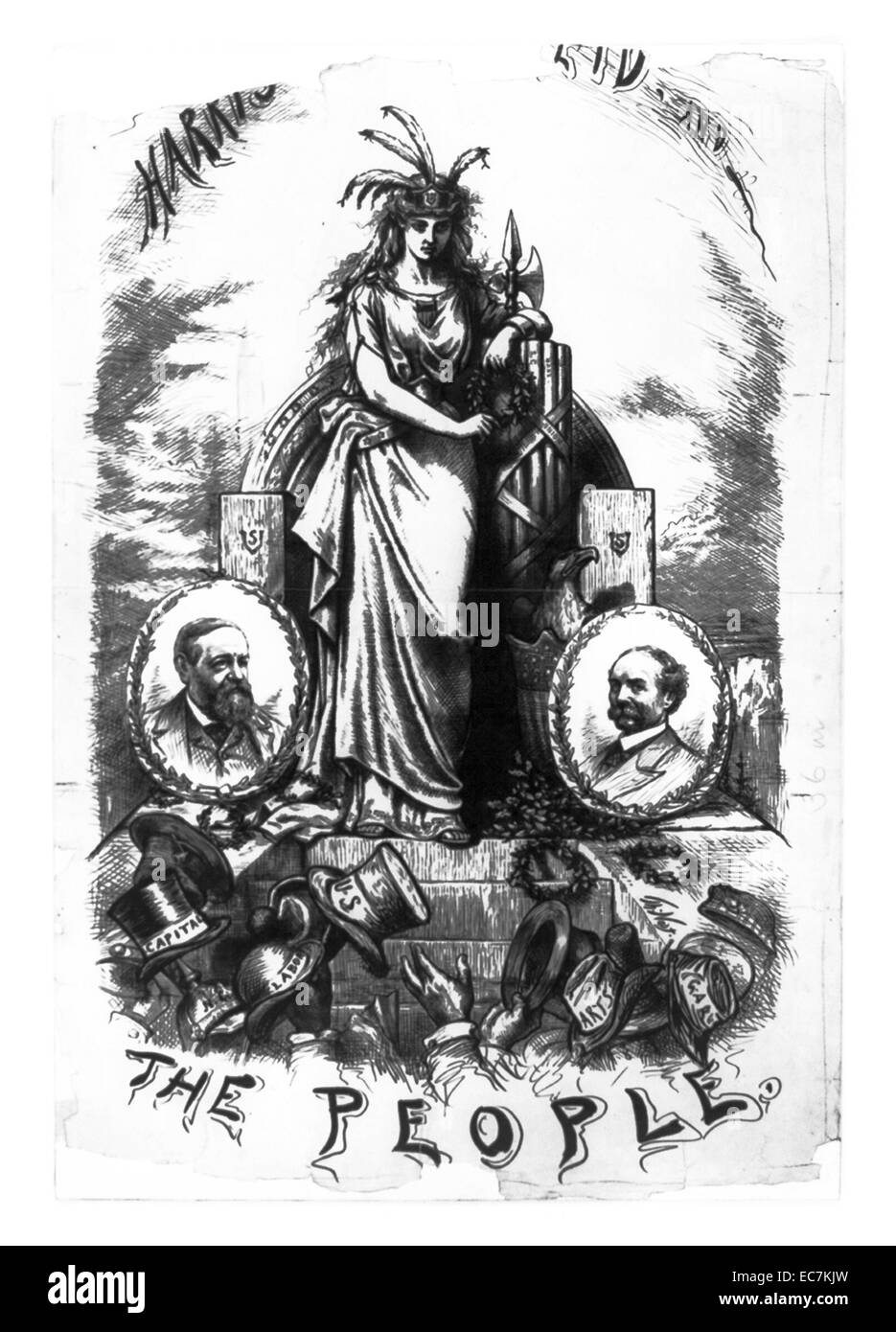 Harrison and Reid, and the people. Columbia, the female figure of America, in a feathered crown, stands before a throne atop a pedestal. To her right is an eagle behind a shield decorated with stars and stripes. She is flanked by portrait medallions of incumbent Benjamin Harrison and his running mate, Whitelaw Reid. In the foreground hands wave hats representative of various special interests. Stock Photo