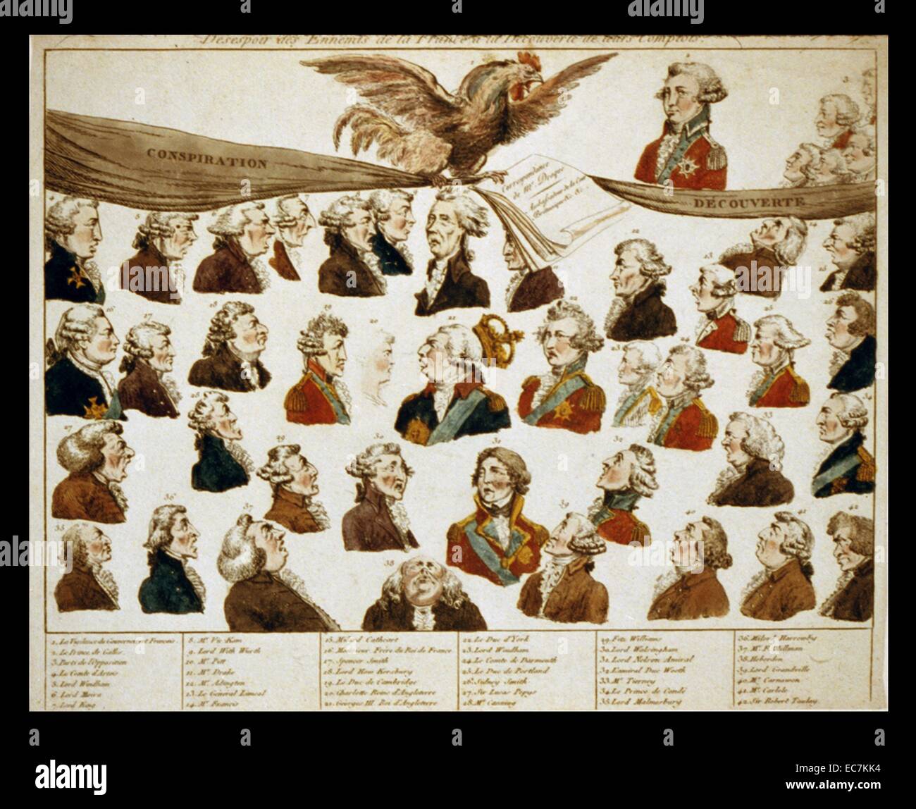Desespoir des ennemis de la France a la decouverte de leurs complots. 42 bust caricatures of members of a conspiracy Stock Photo