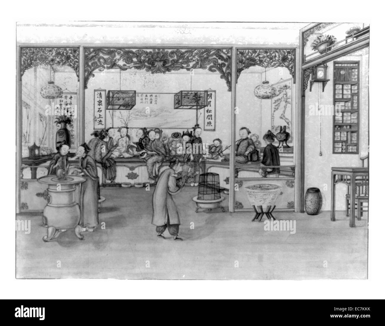 Celebration in a Chinese public house. The drawing shows a celebration in progress to pay homage to the woman seated cross-legged at the right. The celebration is taking place in a public house with an ornate interior and western influences with a stove, charcoal burner, and wall clock next to shelves, and a 'kang' or raised heated bench for sitting. Stock Photo