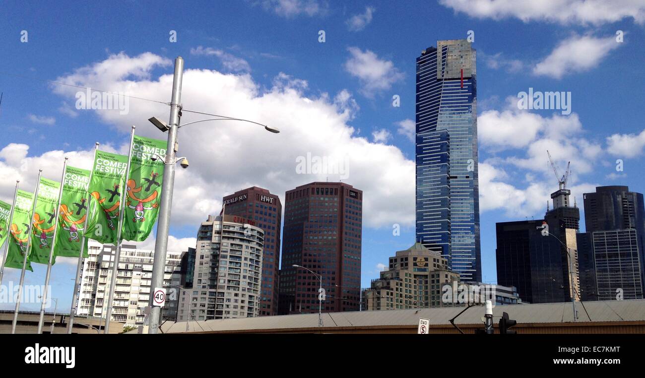 Melbourne, SouthBank skyline, Eureka Tower. Eureka Tower is a 297.3-metre (975 ft) skyscraper located in the Southbank precinct of Melbourne, Victoria, Australia Stock Photo