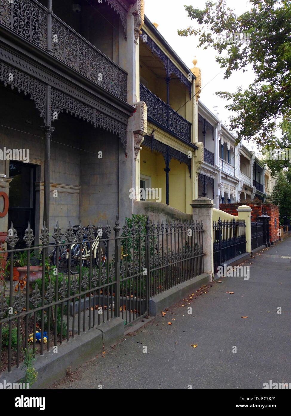 Wrought Iron balconies adorn Victorian residential buildings, Melbourne