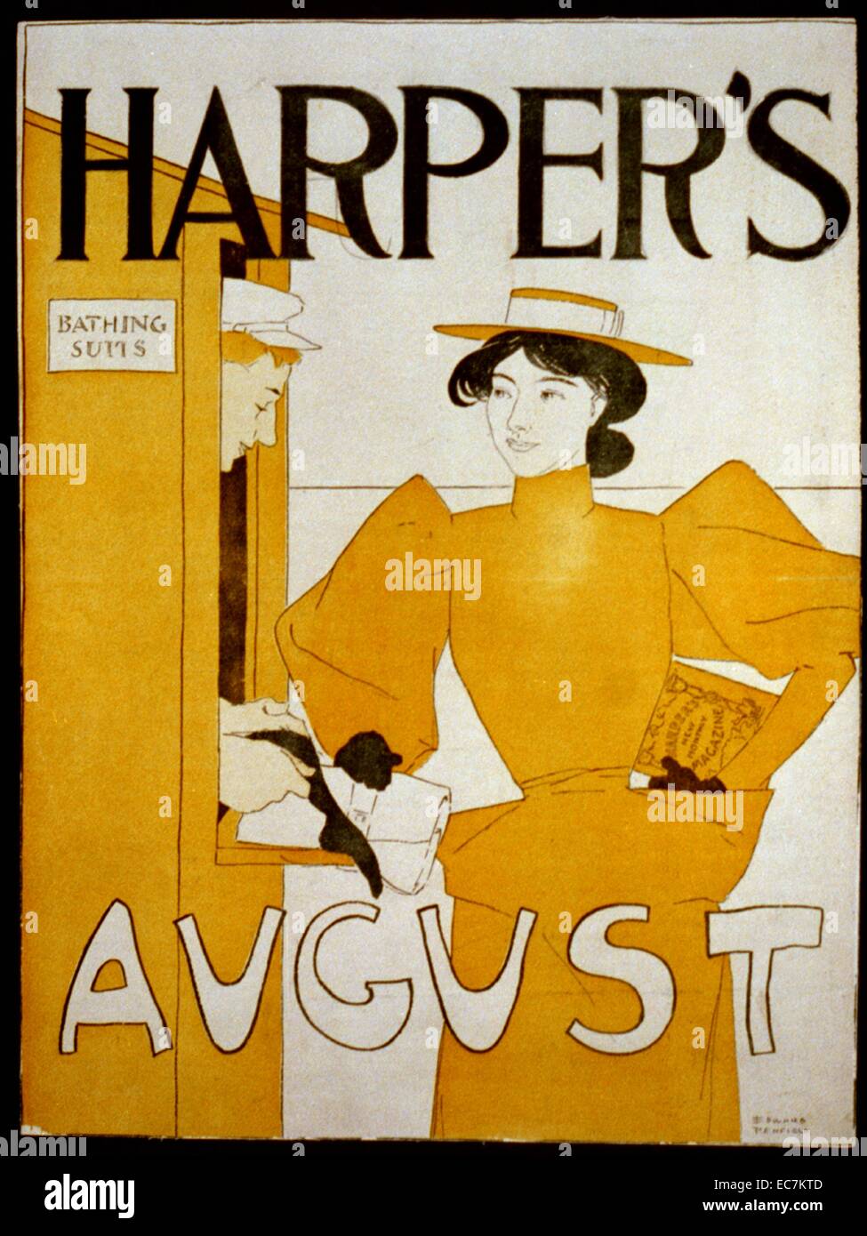 Harper's for August. Woman at a bathing suit stand, 1895. A monthly magazine of literature, politics, culture, finance, and the arts, it is the second-oldest continuously published monthly magazine in the U.S Stock Photo