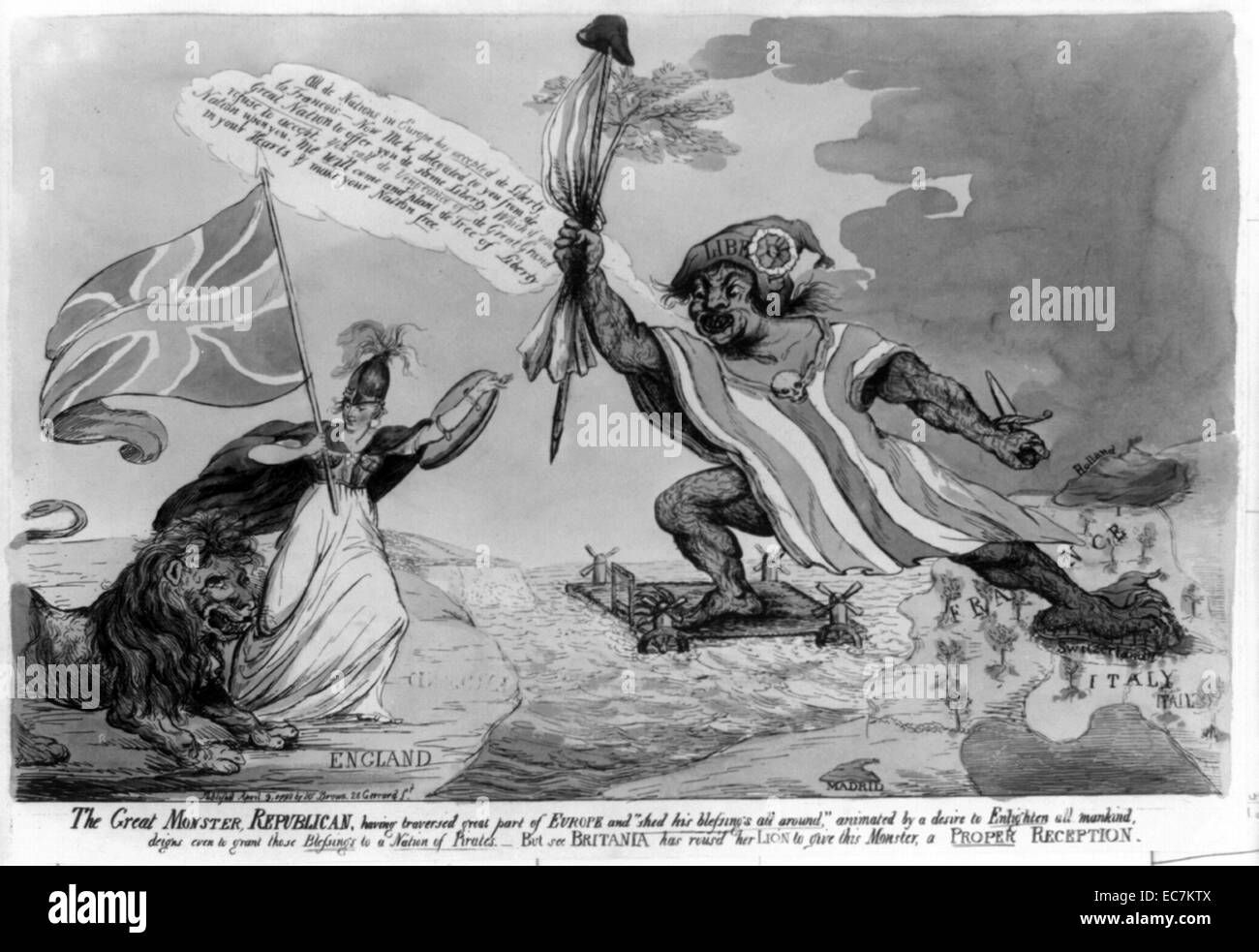 The Great Monster Republican, having traversed a great part of Europe sees Britannia has roused her lion to give this monster, a proper reception. Political cartoon showing France as a monster, with one foot on Switzerland, facing Britannia with a lion, saying, 'All de nations in Europe has accepted de liberty, la François - ... We will come and plant the tree of liberty in your hearts & make your nation free.' Stock Photo