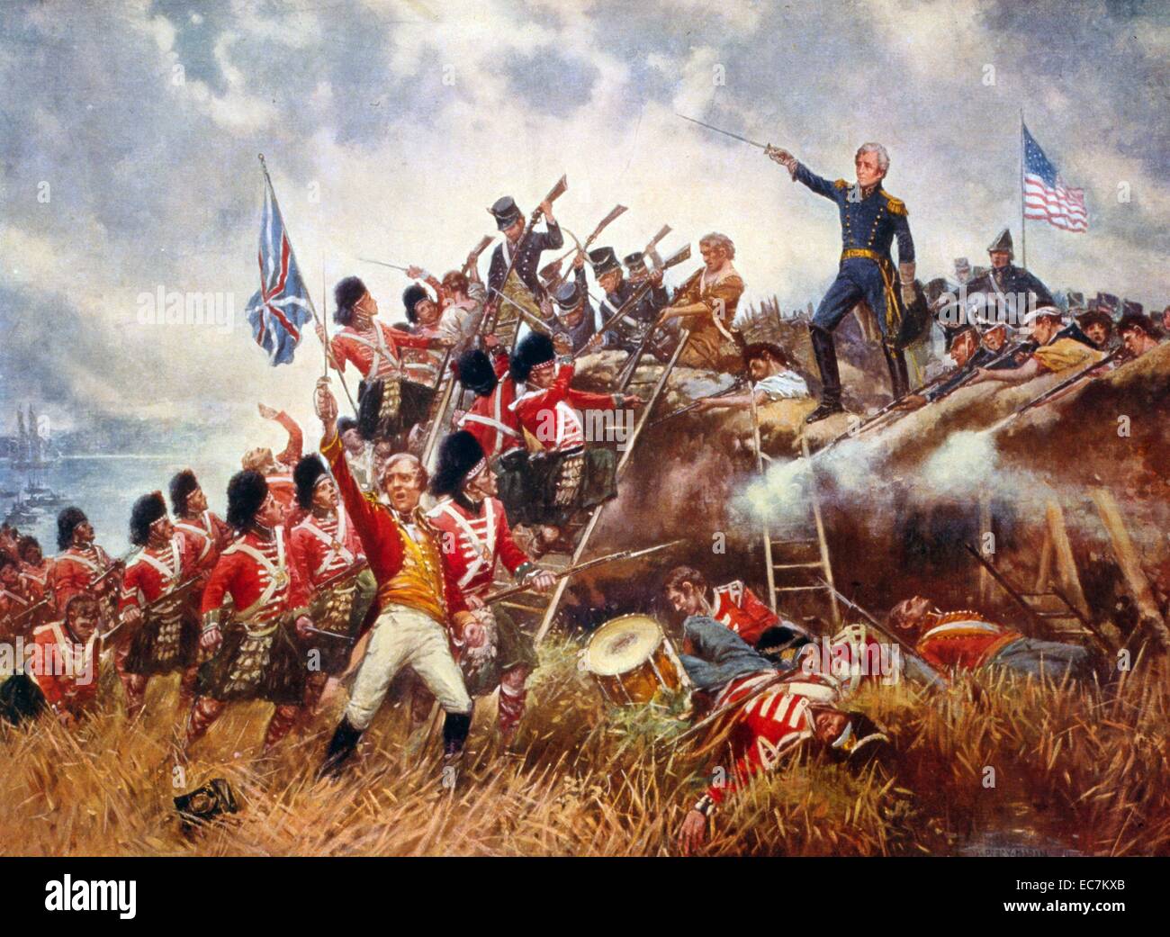 The Battle of New Orleans by Percy Moran. Andrew Jackson standing in front of an American flag with his sword raised. Stock Photo
