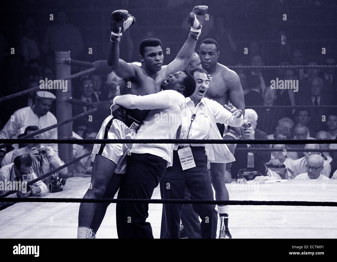 Muhammad Ali (born Cassius Clay, Jr.; January 17, 1942) American former professional boxer, considered among the greatest heavyweights in the sport's history. May 25, 1965, heavyweight champion Muhammad Ali   after his rematch with boxer Sonny Liston. Ali knocked out Liston in the first round Stock Photo