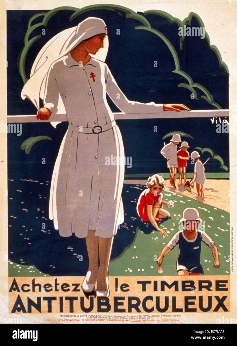 Achetez le timbre antituberculeux - Buy the tuberculosis stamp. A French public health propaganda poster showing a nurse watching children playing outdoors. Stock Photo
